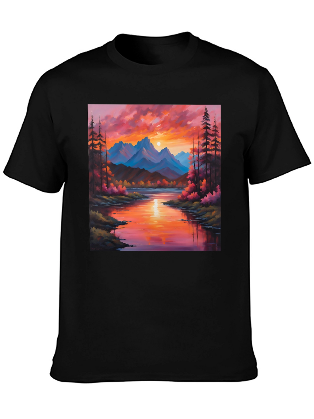 Sunset Mountain River Painting Graphic Tee