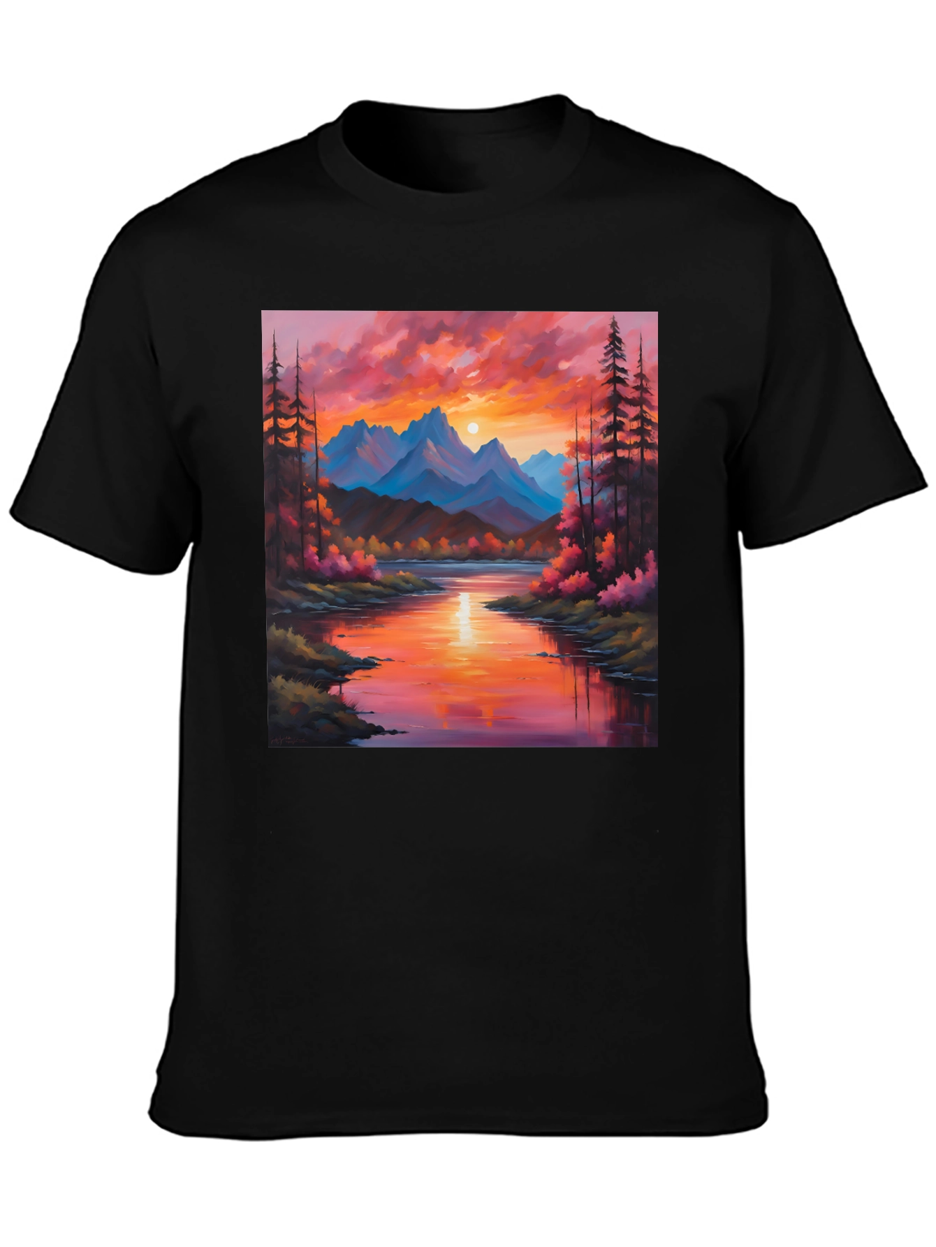 Sunset Mountain River Painting Graphic Tee