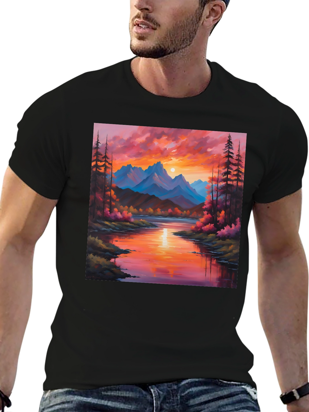 Sunset Mountain River Painting Graphic Tee