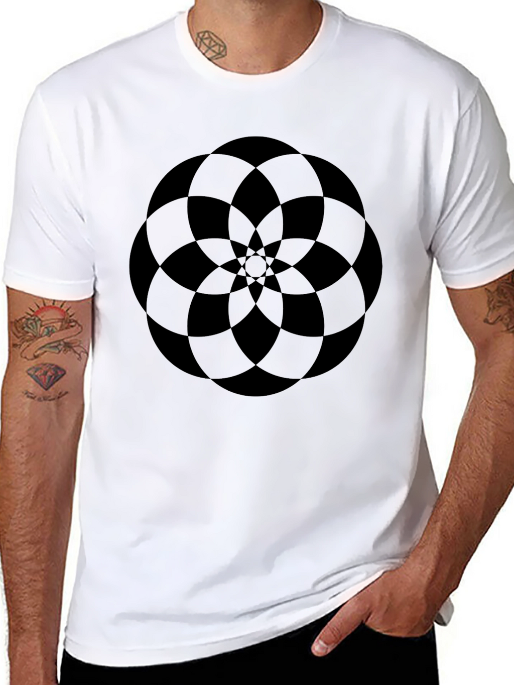 Abstract Geometric Flower Design Black T-Shirt