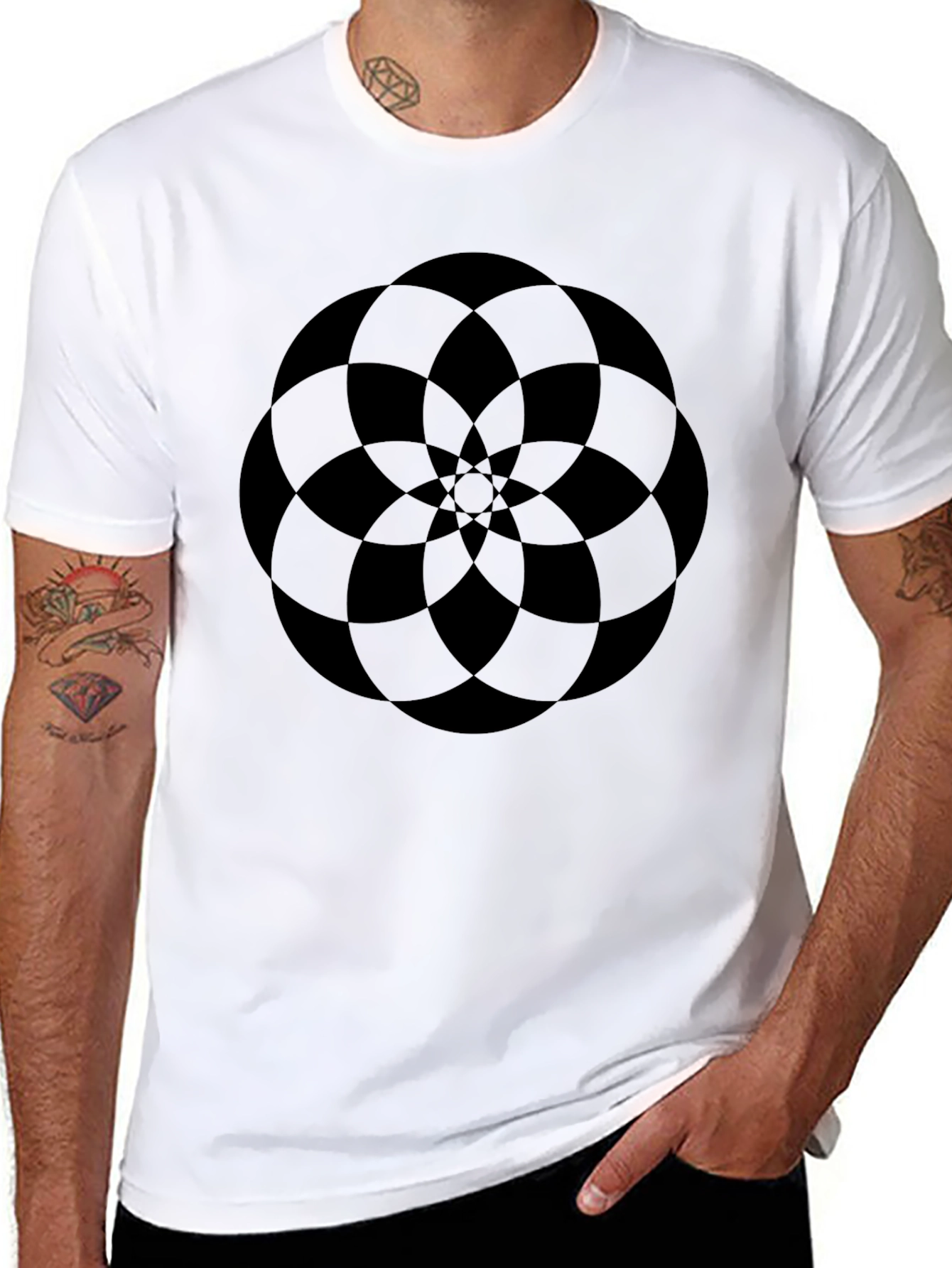 Abstract Geometric Flower Design Black T-Shirt