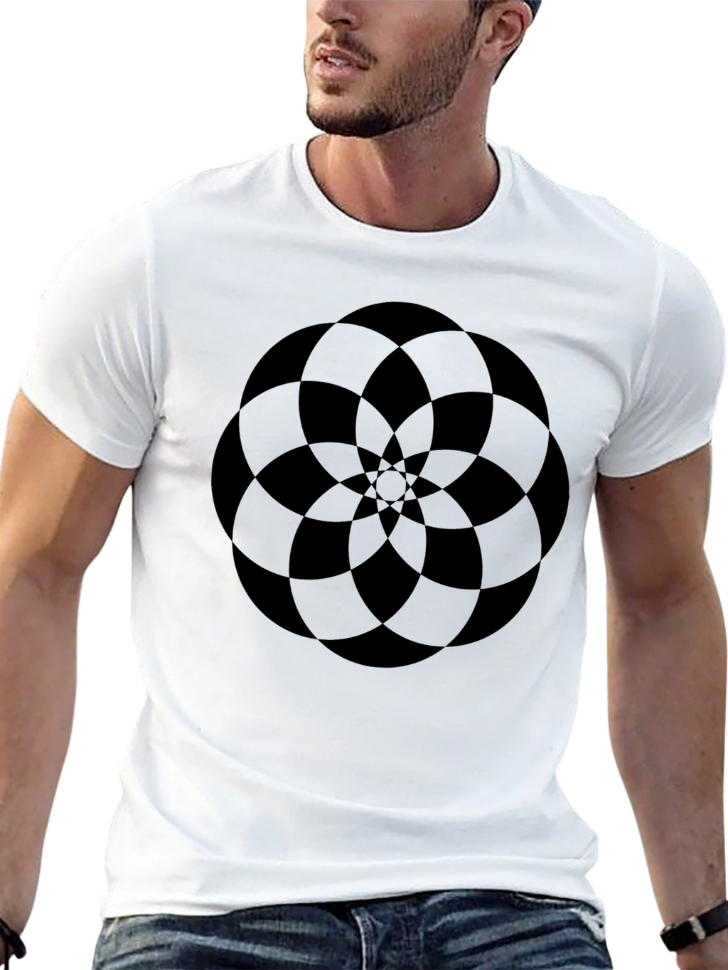 Abstract Geometric Flower Design Black T-Shirt