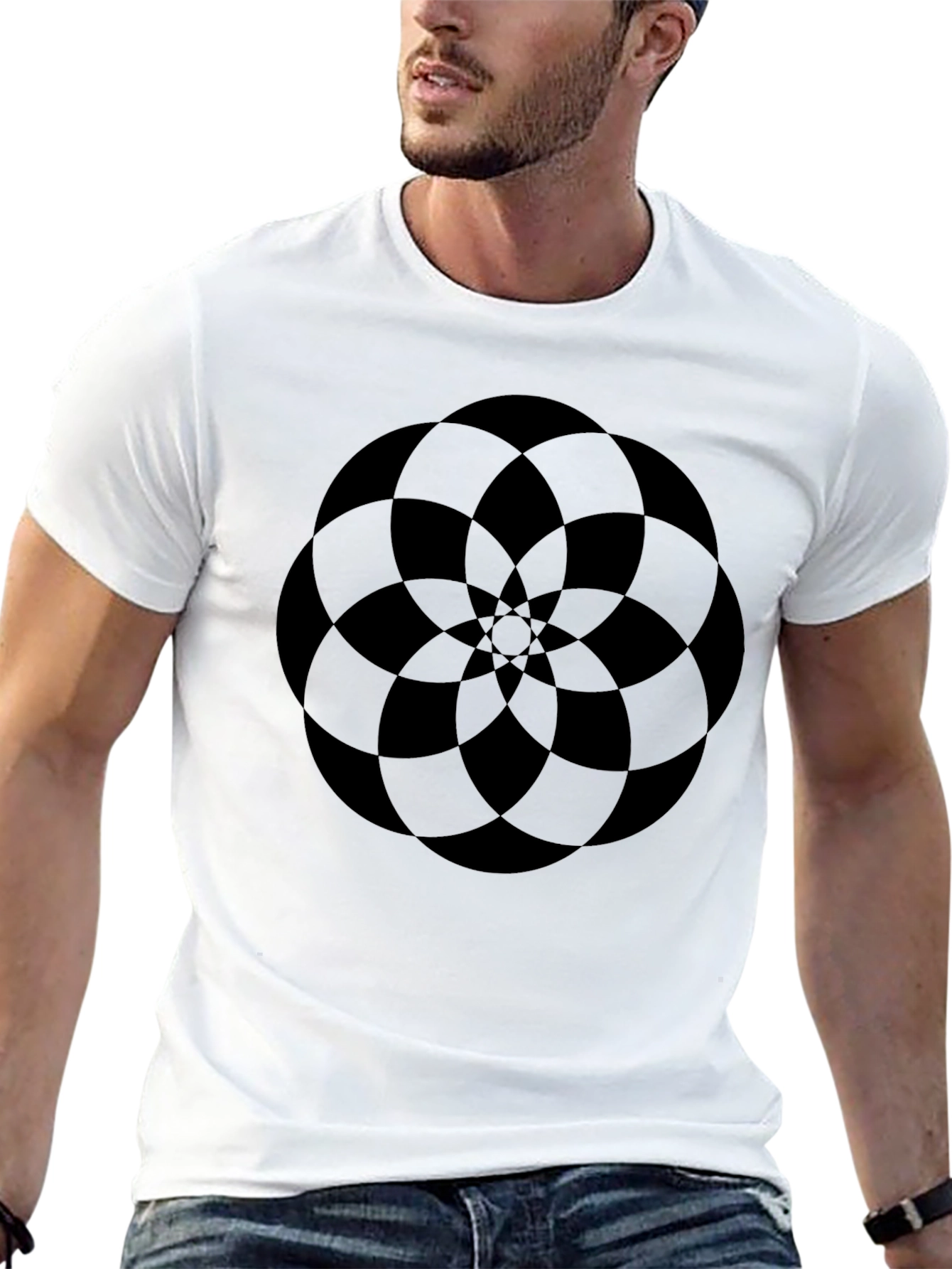 Abstract Geometric Flower Design Black T-Shirt