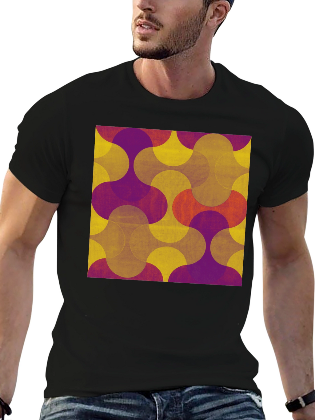 Retro Geometric Print Tee - Black