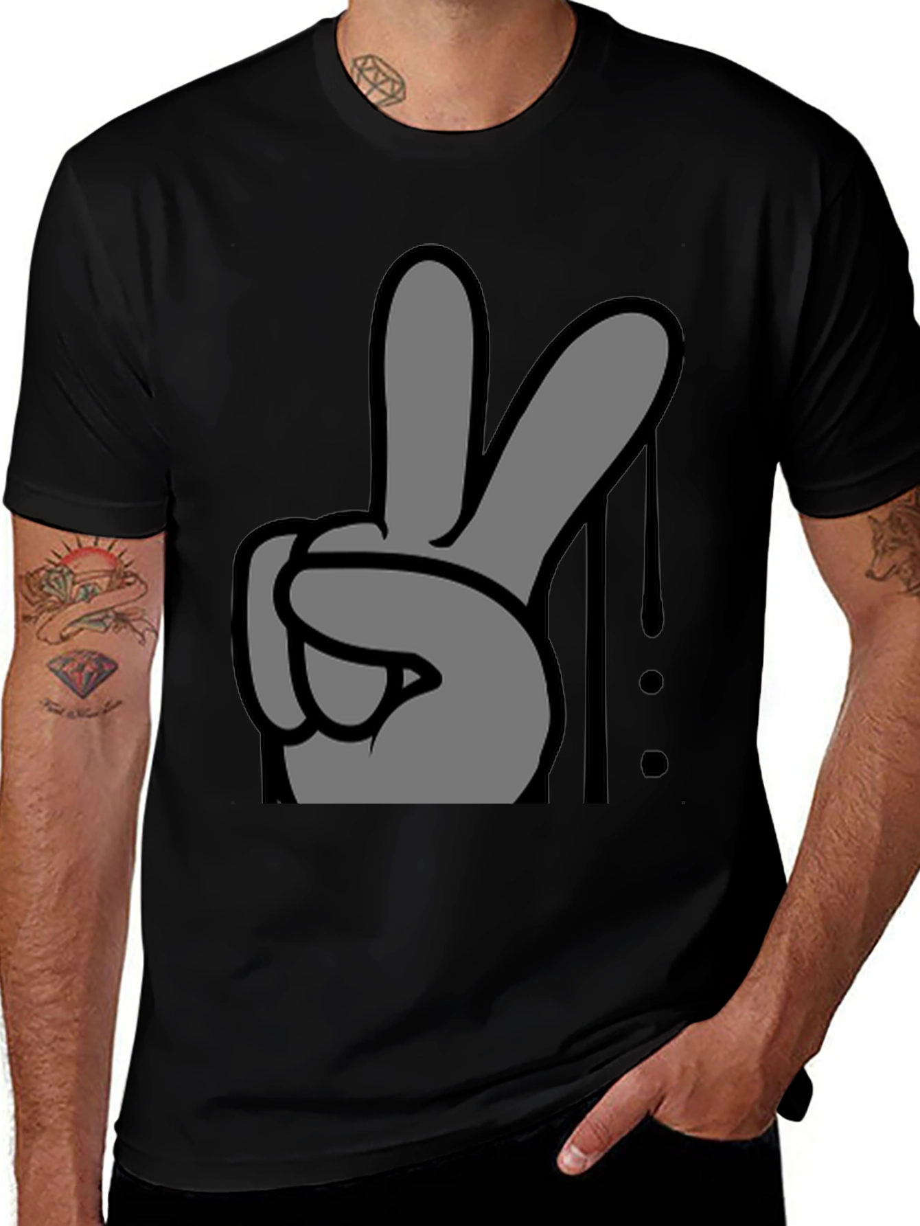 Peace Sign Graphic Tee - Black Cotton Casual T-Shirt