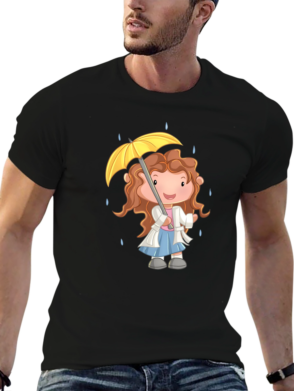 Cartoon Girl Umbrella Graphic Black T-Shirt