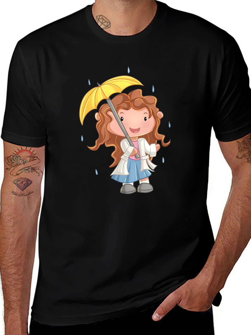 Cartoon Girl Umbrella Graphic Black T-Shirt