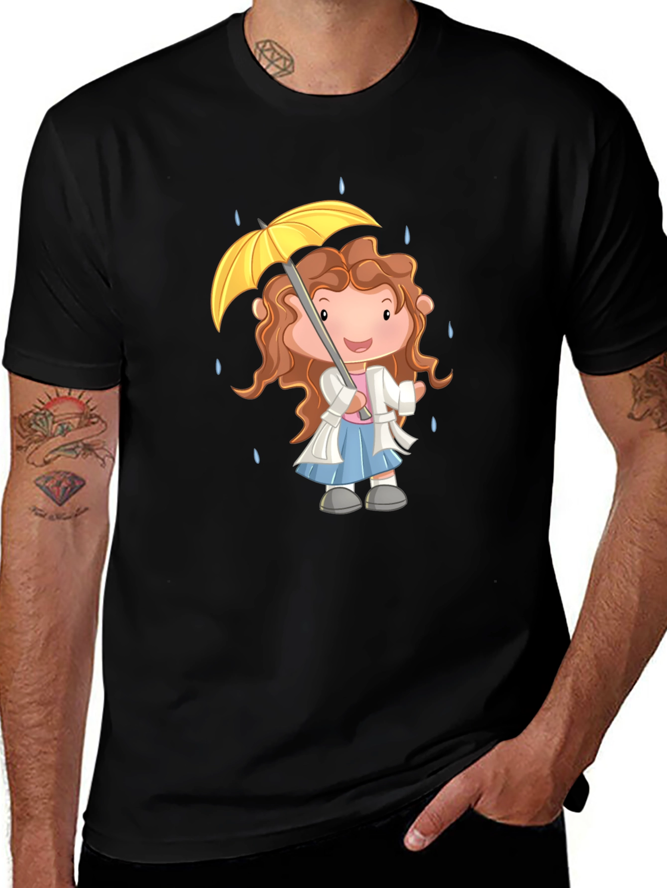 Cartoon Girl Umbrella Graphic Black T-Shirt
