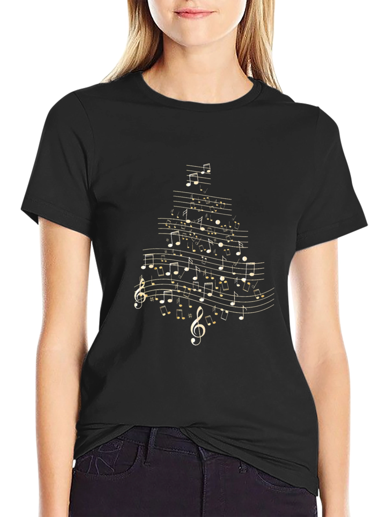 Musical Notes Christmas Tree T-Shirt - Black