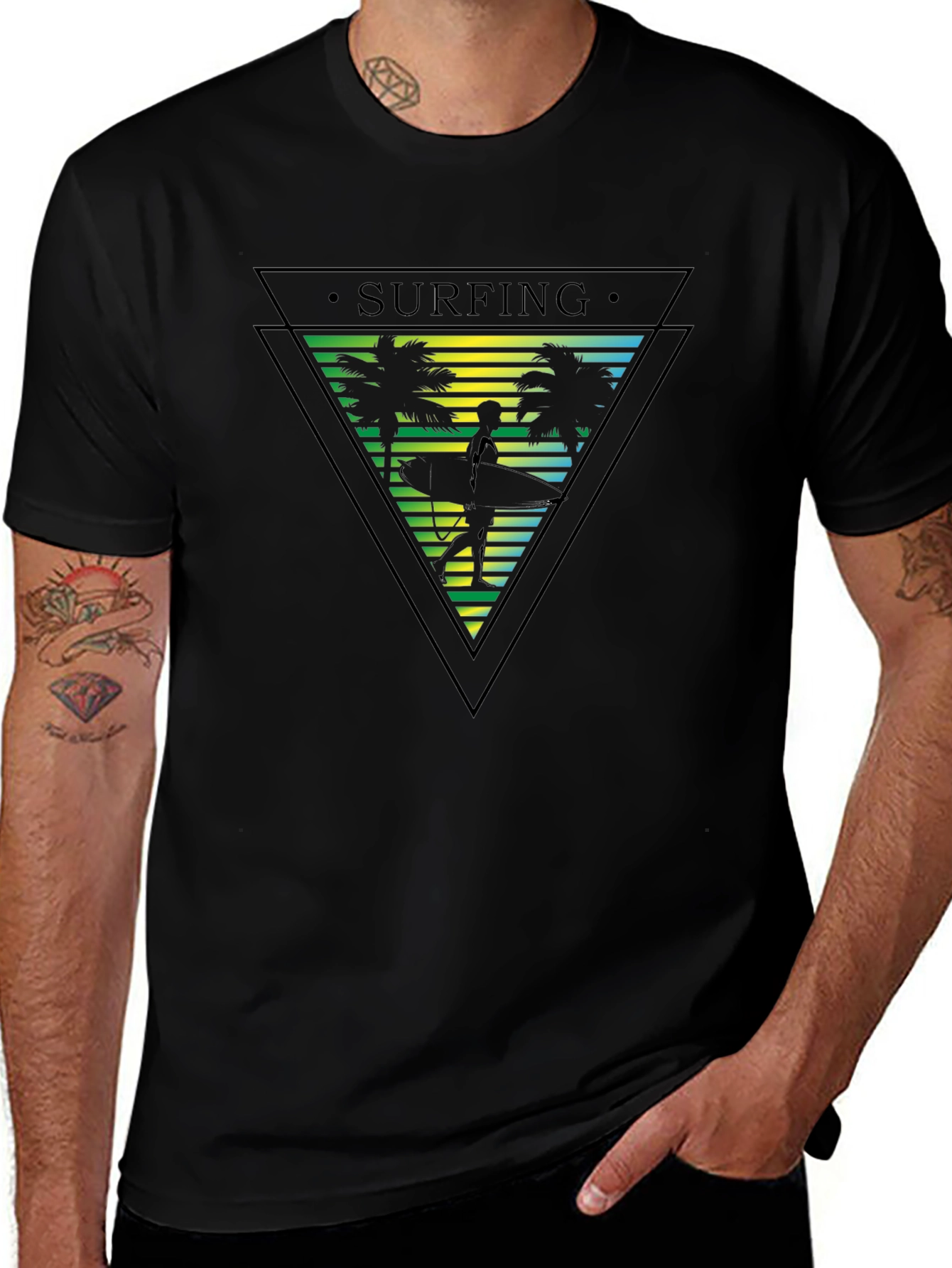 Surfing Palm Tree Graphic Mens T-Shirt