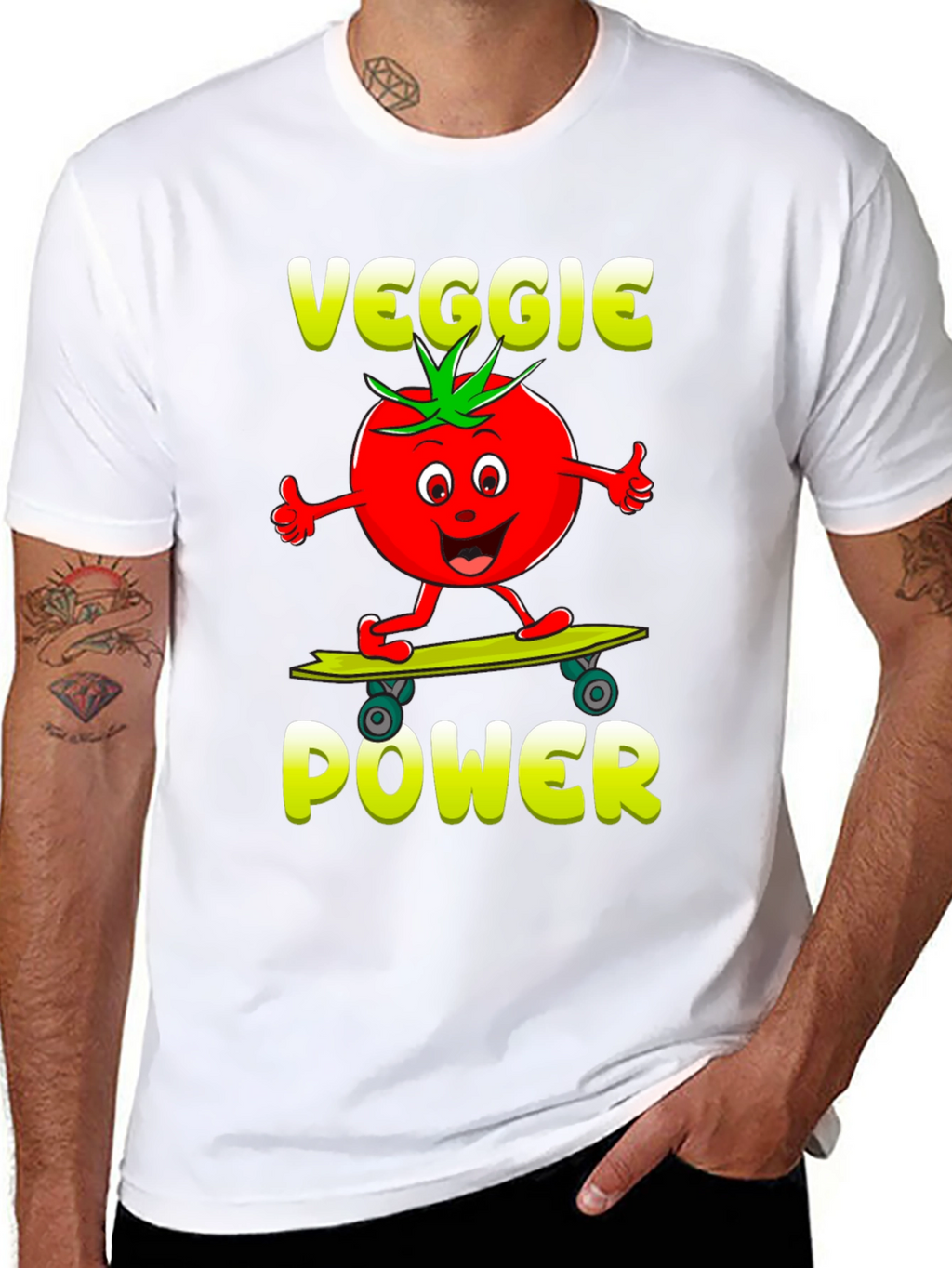 Veggie Power T-Shirt - Cartoon Tomato Skateboard Tee