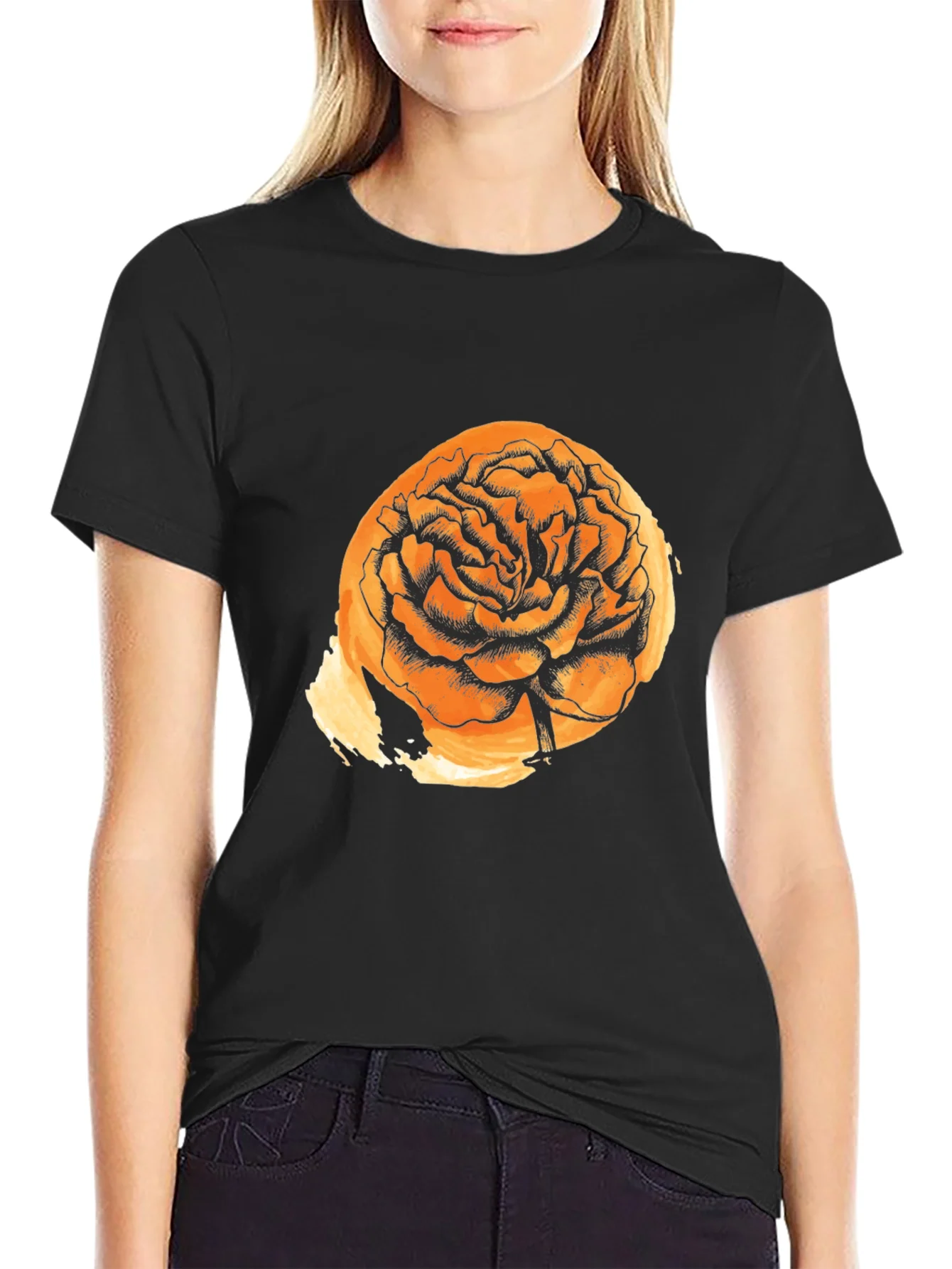Black T-Shirt with Floral Graphic