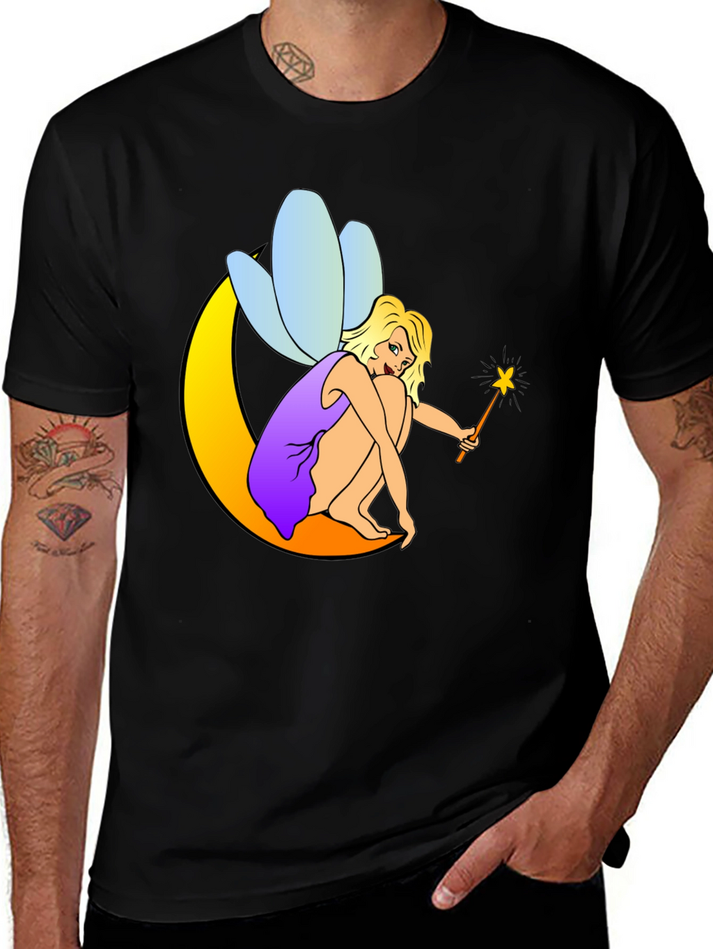 Fairy on Moon Black T-Shirt
