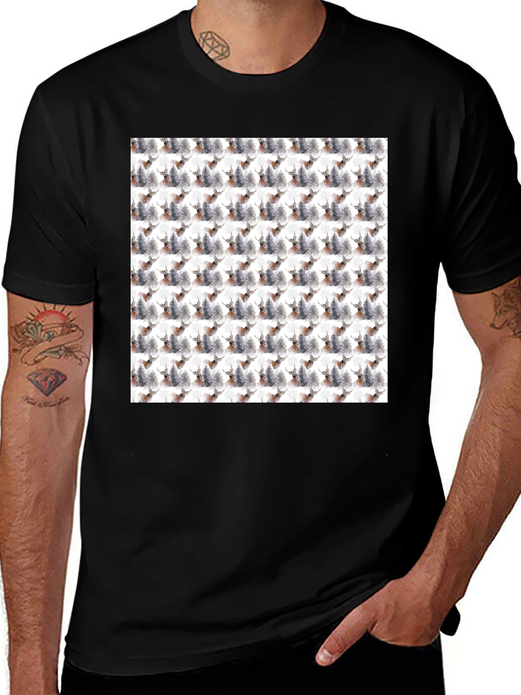 Deer Forest Pattern Black T-Shirt