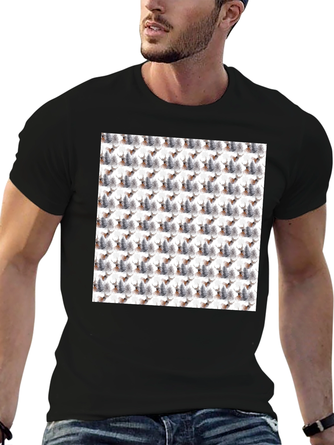 Deer Forest Pattern Black T-Shirt