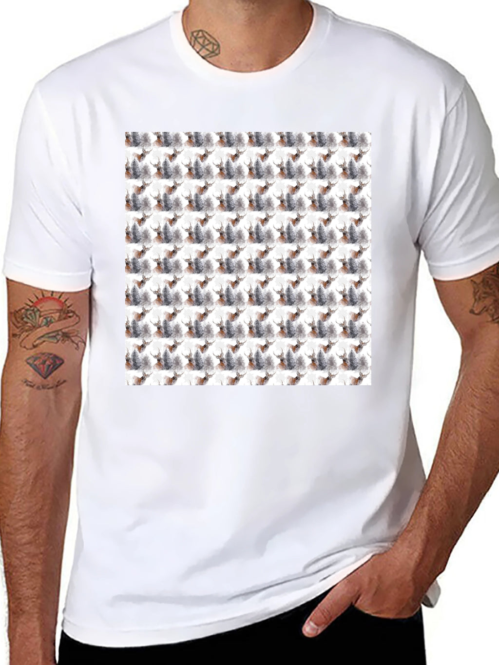 Deer Forest Pattern Black T-Shirt