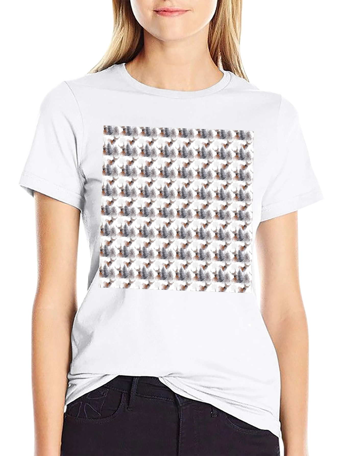 Deer Forest Pattern Black T-Shirt