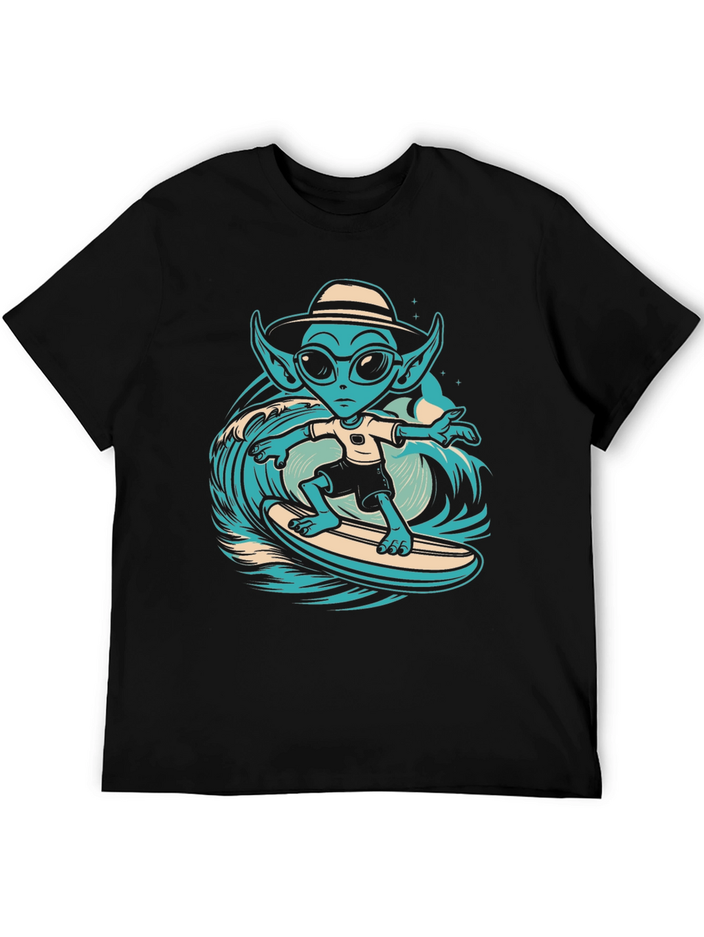 Surfing Alien Graphic Tee - Black Cotton T-Shirt