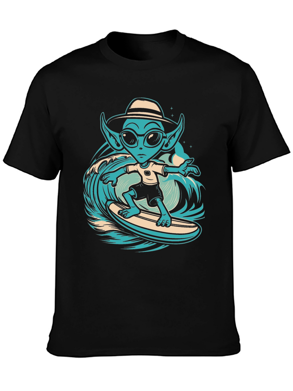 Surfing Alien Graphic Tee - Black Cotton T-Shirt