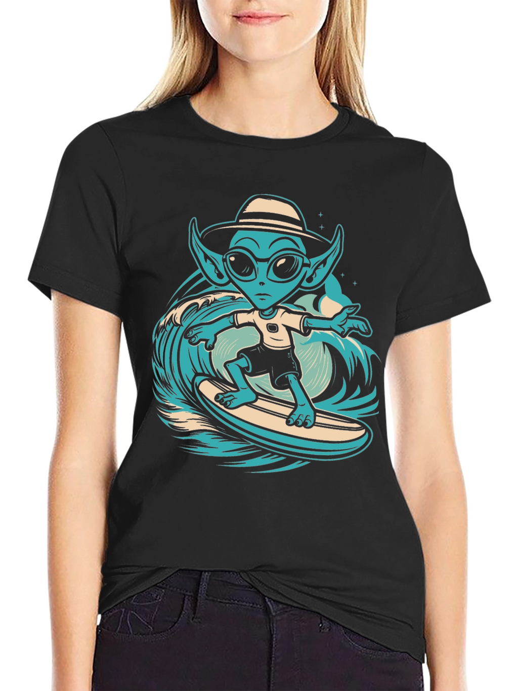 Surfing Alien Graphic Tee - Black Cotton T-Shirt