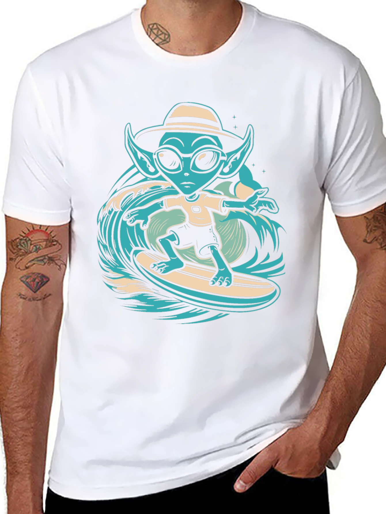 Surfing Alien Graphic Tee - Black Cotton T-Shirt