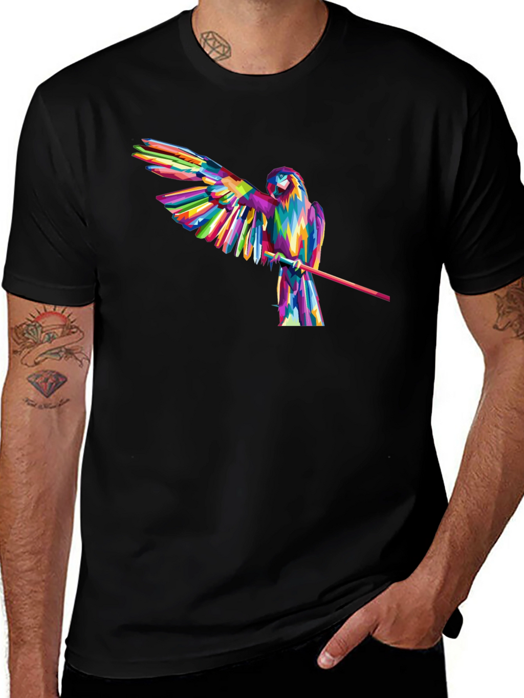 Vibrant Parrot Graphic Tee - Mens Black T-Shirt