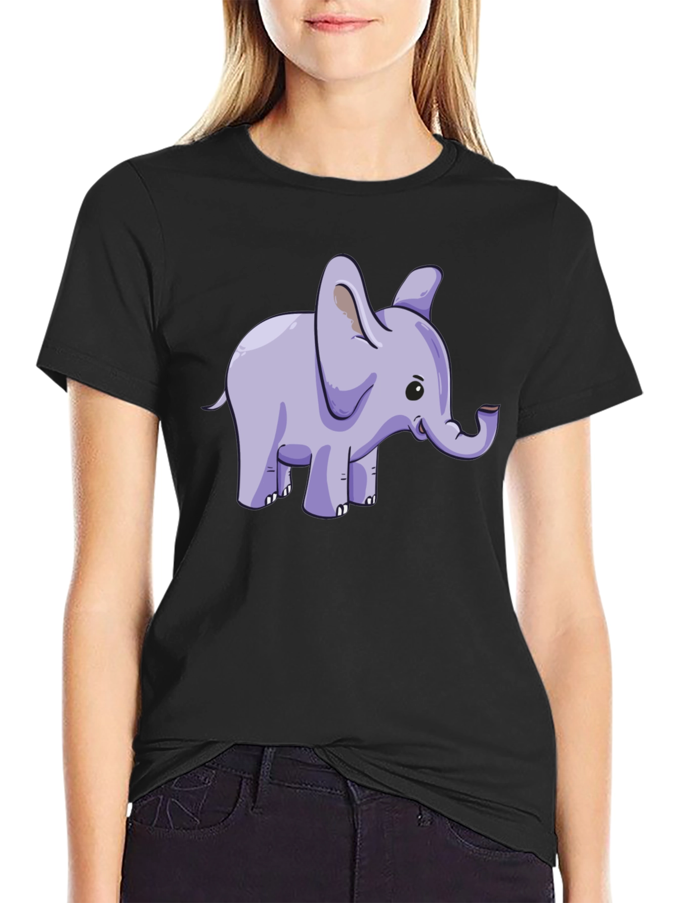 Cute Elephant Graphic Tee - Black Cotton T-Shirt