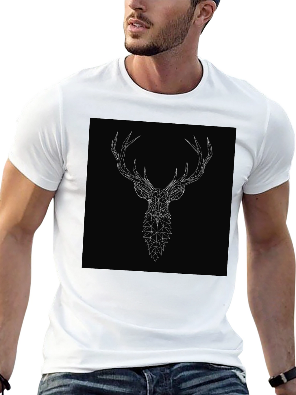 Geometric Deer Head Graphic Tee - Black