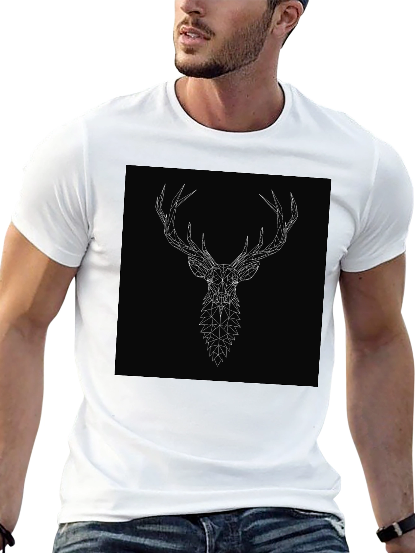 Geometric Deer Head Graphic Tee - Black