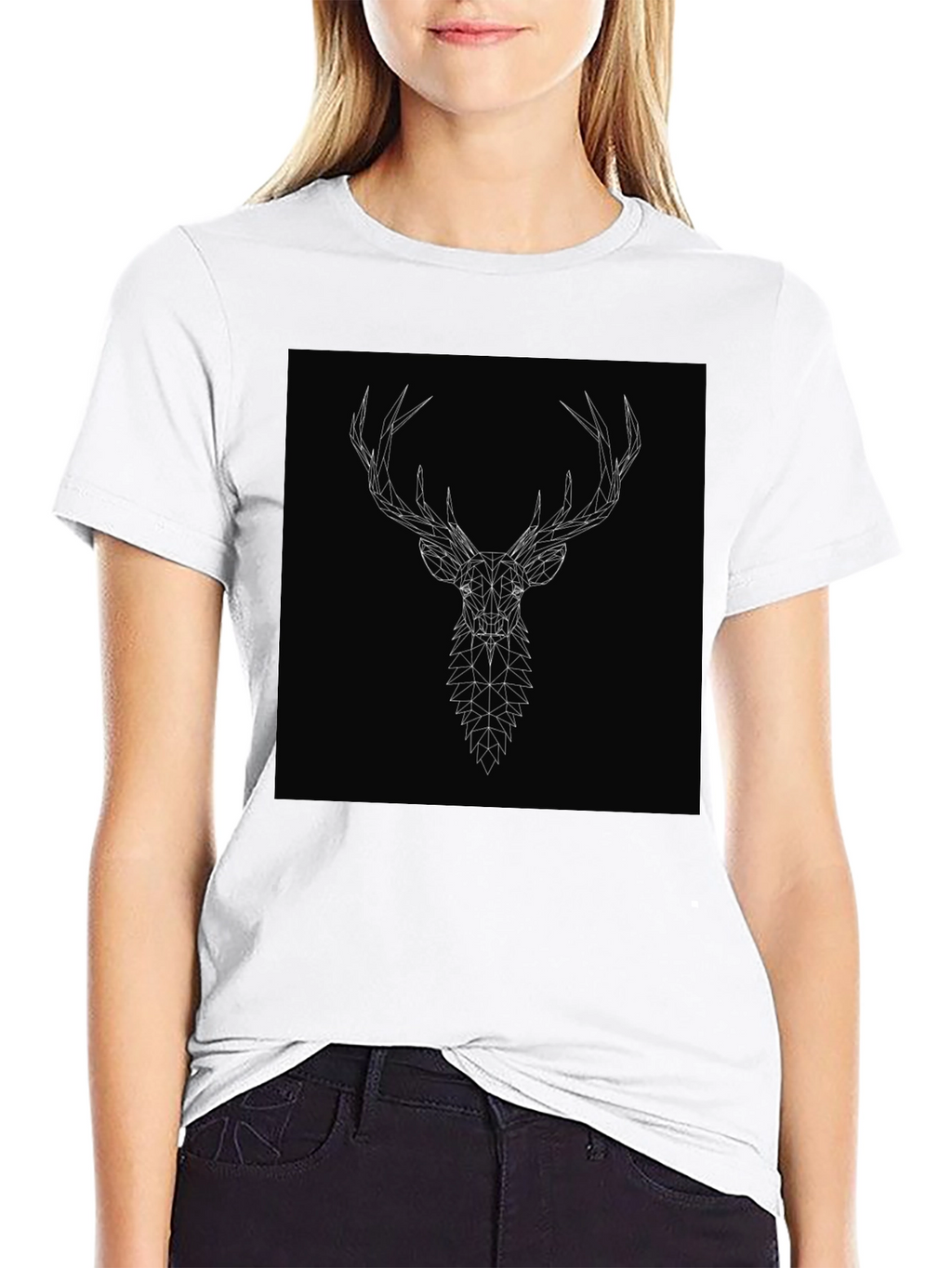 Geometric Deer Head Graphic Tee - Black
