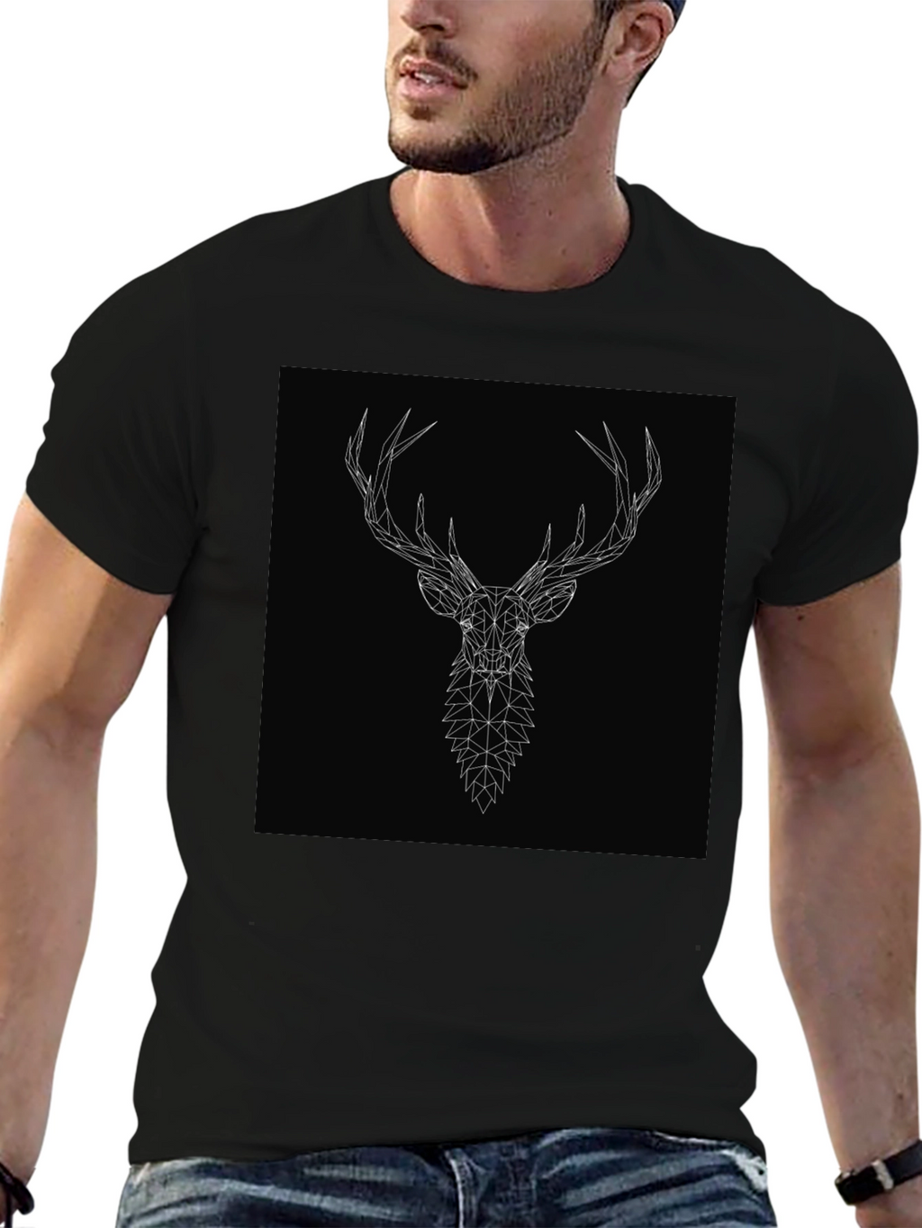 Geometric Deer Head Graphic Tee - Black