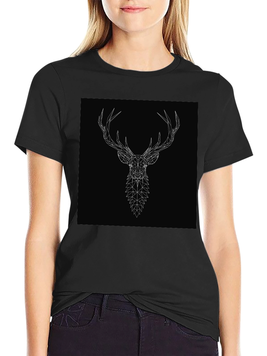 Geometric Deer Head Graphic Tee - Black