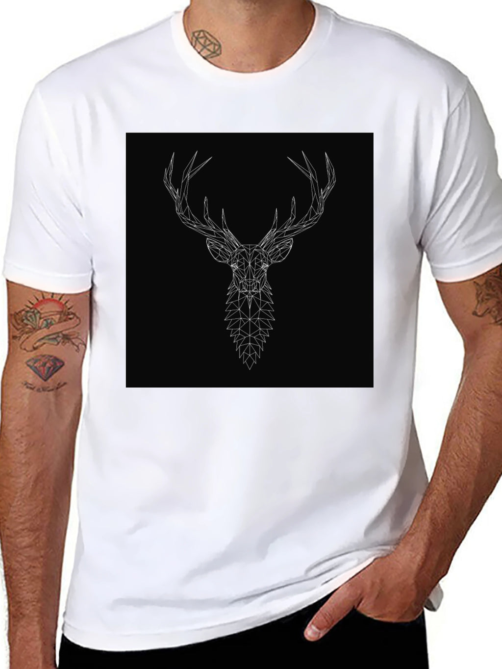 Geometric Deer Head Graphic Tee - Black
