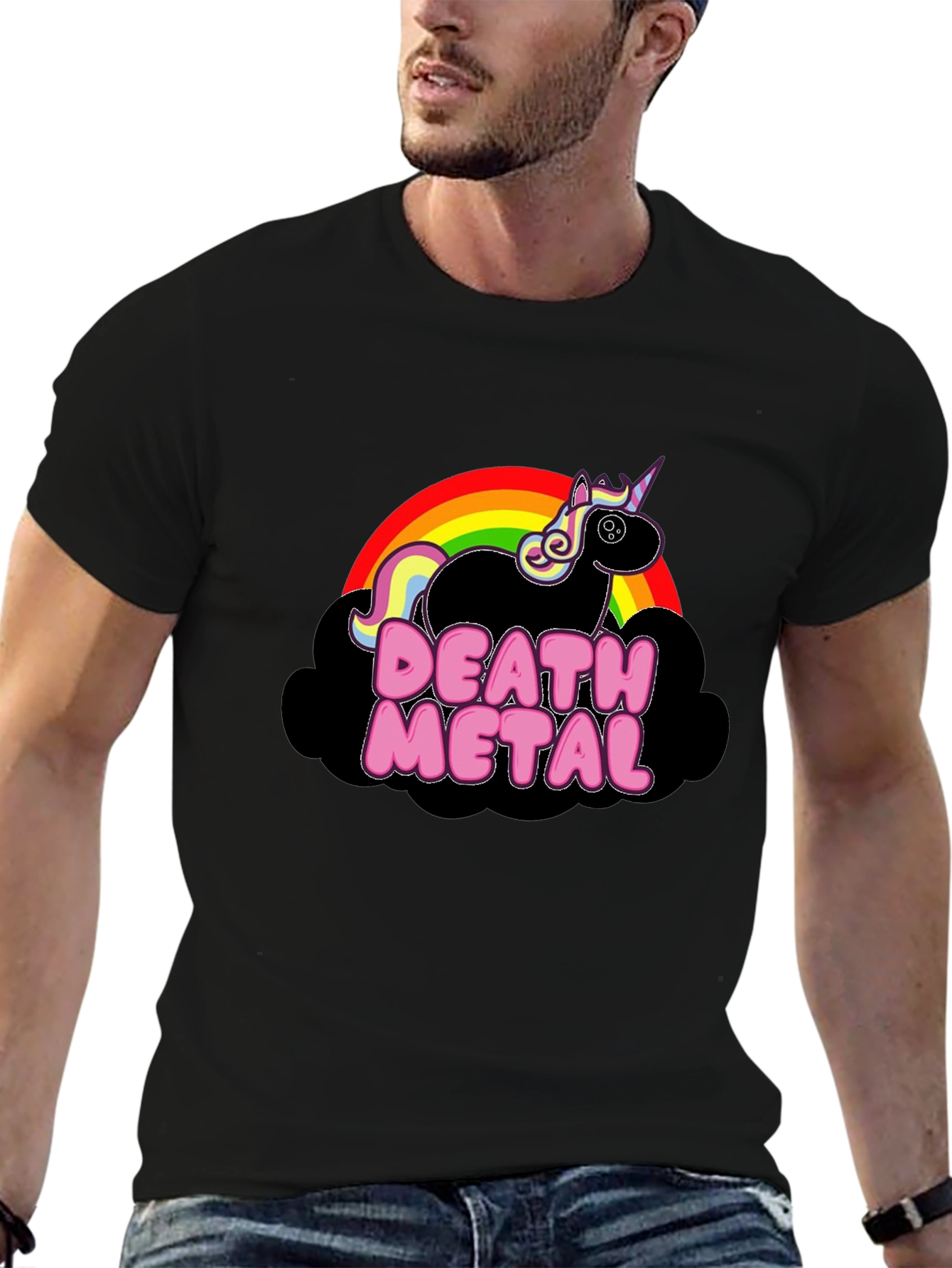 Death Metal Unicorn Black T-Shirt Rainbow Cloud Graphic Tee