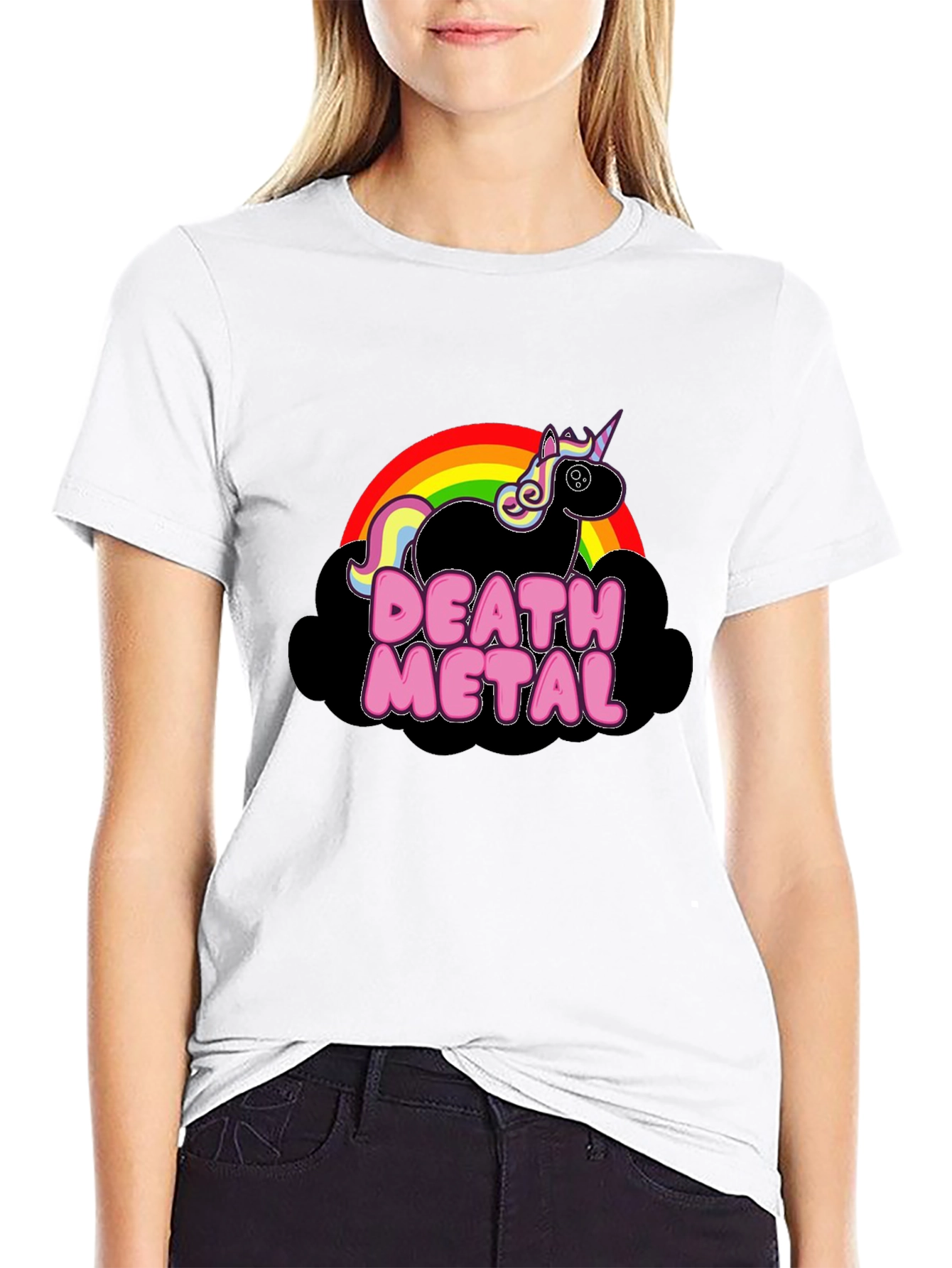 Death Metal Unicorn Black T-Shirt Rainbow Cloud Graphic Tee