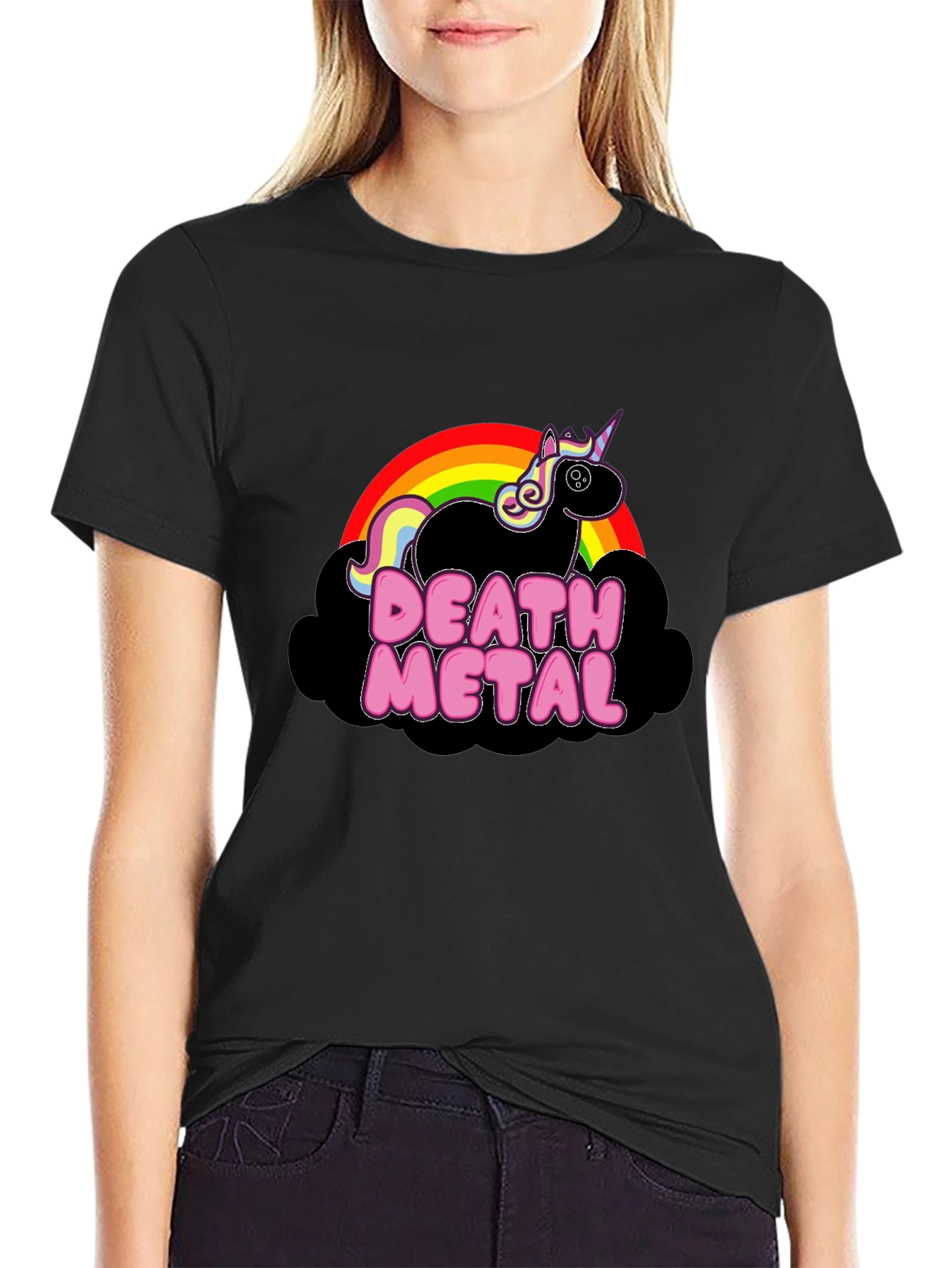 Death Metal Unicorn Black T-Shirt Rainbow Cloud Graphic Tee