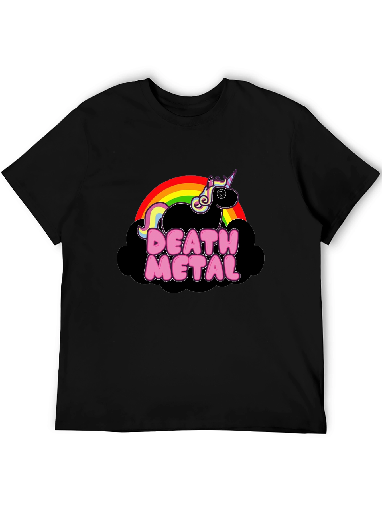 Death Metal Unicorn Black T-Shirt Rainbow Cloud Graphic Tee