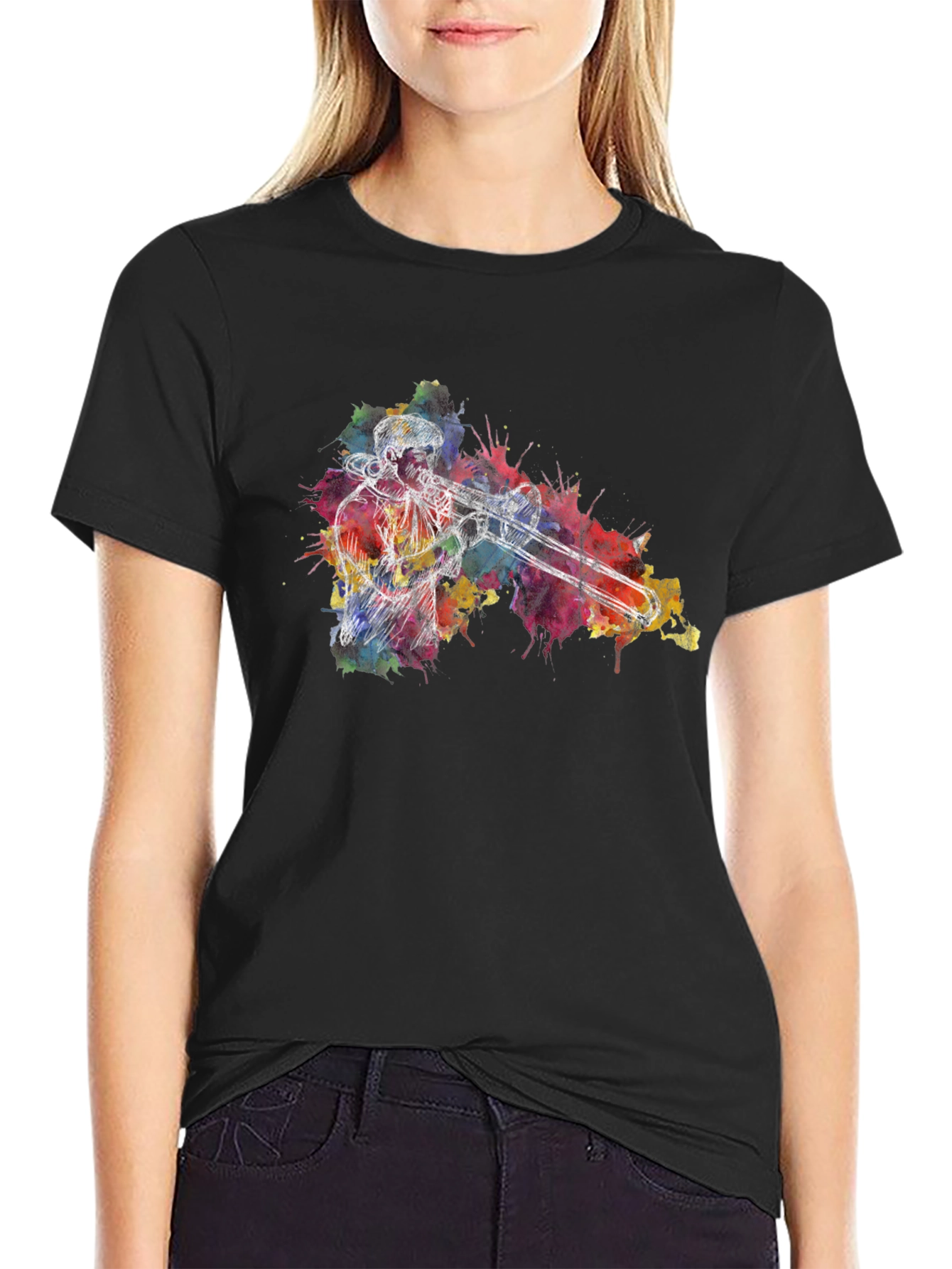 Trombone Player Watercolor Black T-Shirt