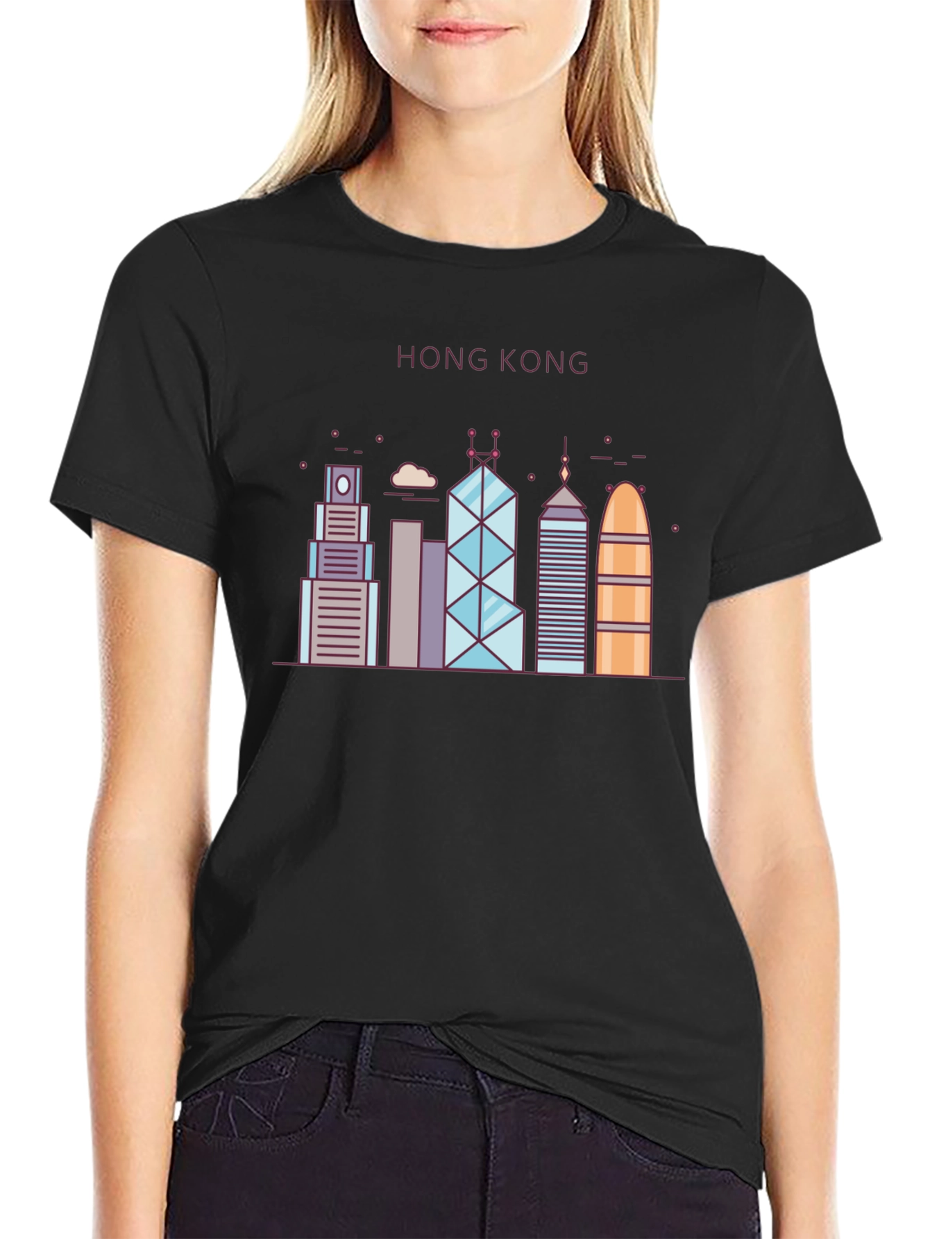 Hong Kong Skyline Graphic Tee - Black Cotton Blend