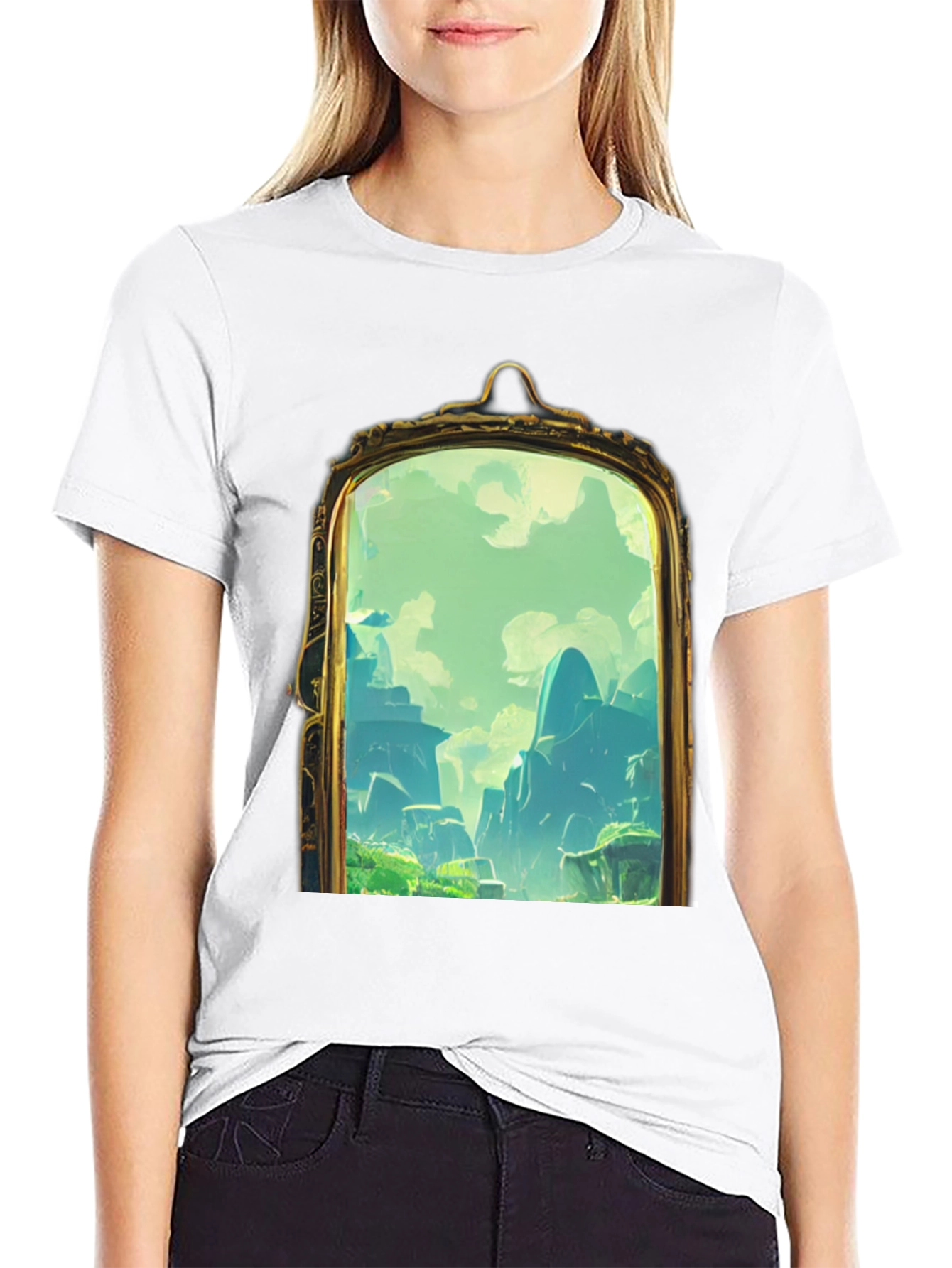 Black T-Shirt with Framed Landscape Design