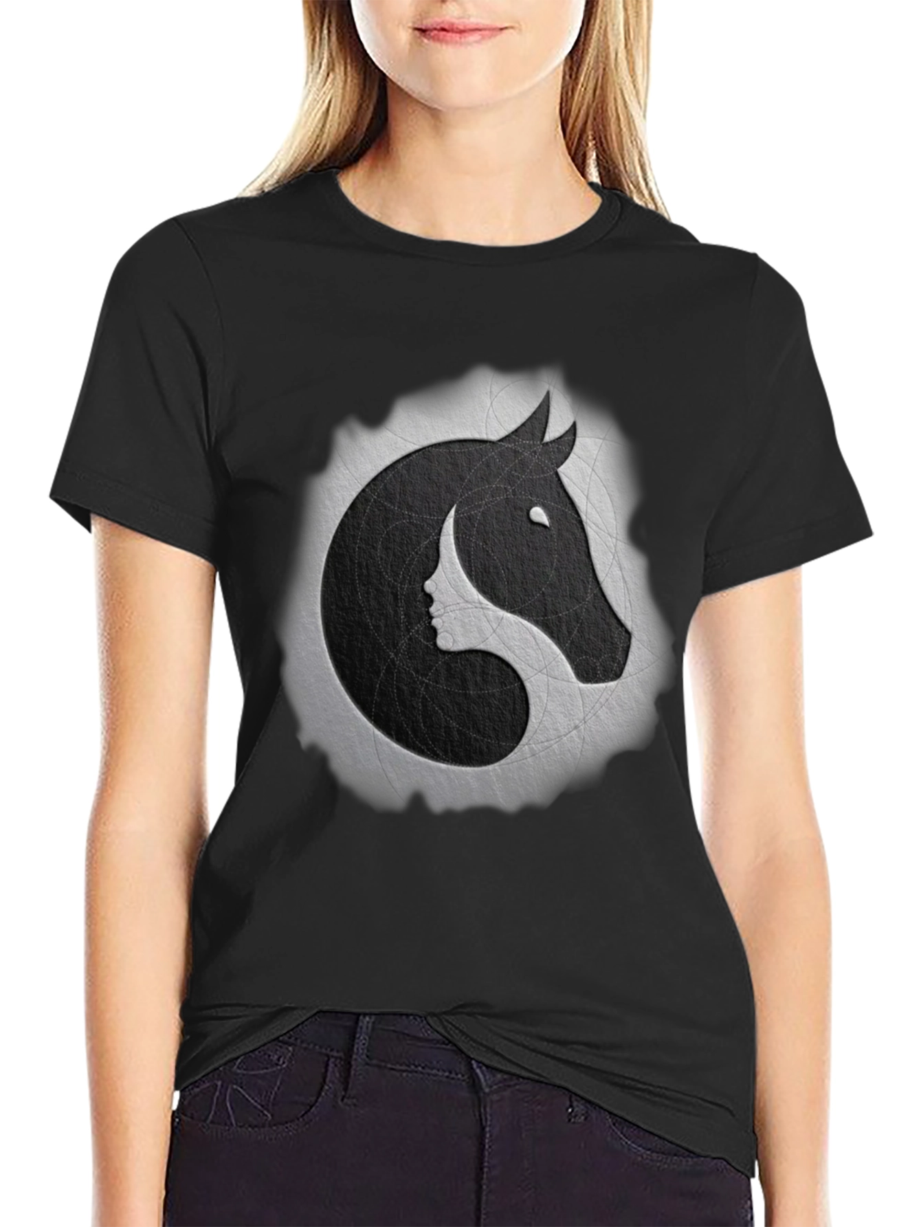 Yin Yang Horse & Woman Face Graphic Tee - Stylish Comfort