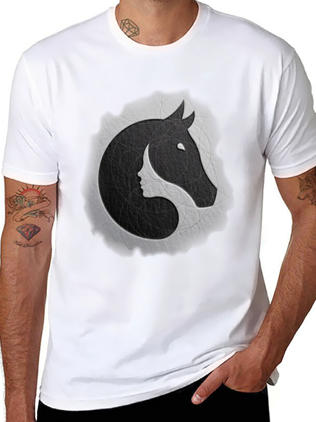 Yin Yang Horse & Woman Face Graphic Tee - Stylish Comfort
