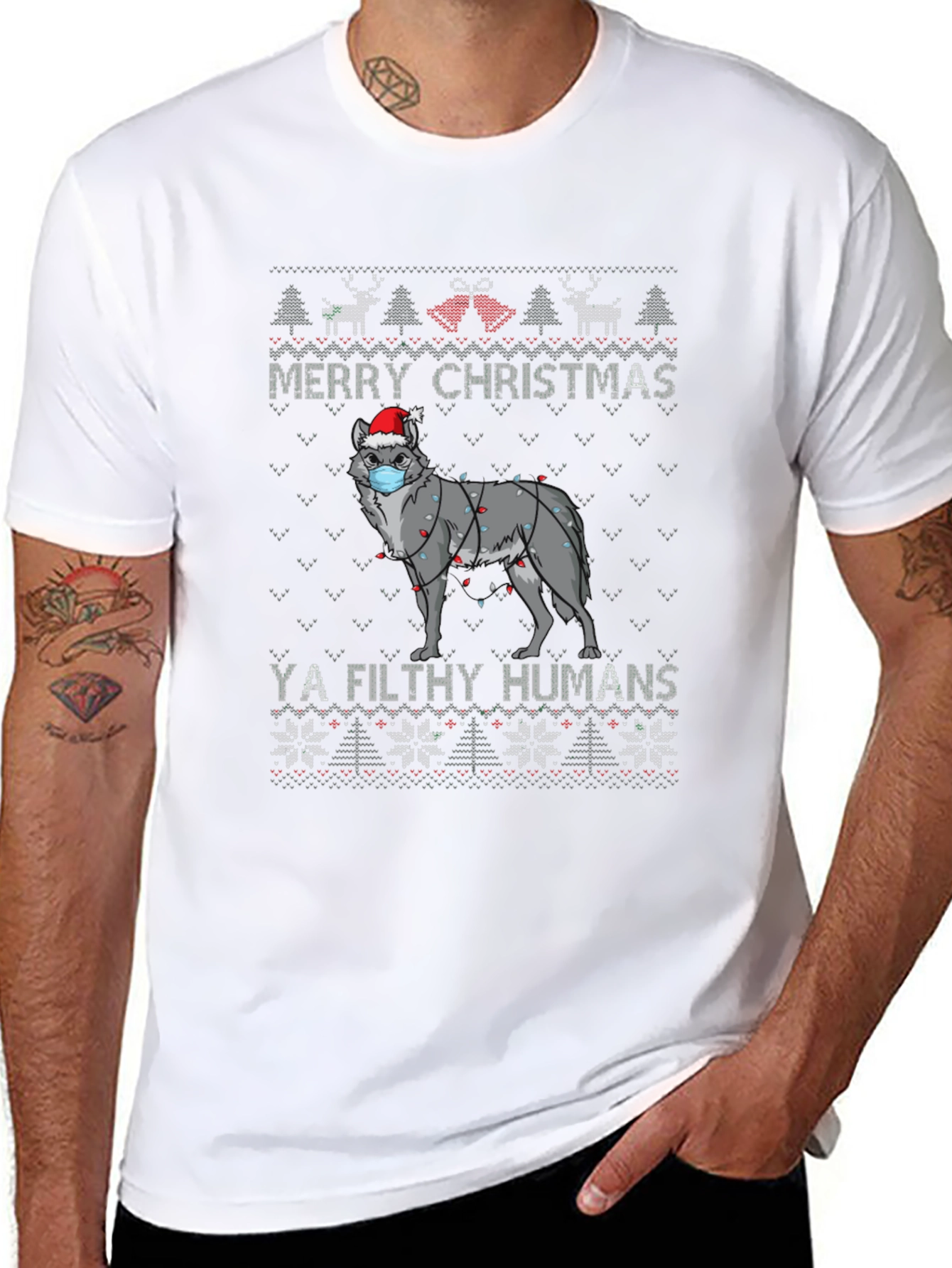 Merry Christmas Ya Filthy Humans Wolf Ugly Sweater T-Shirt