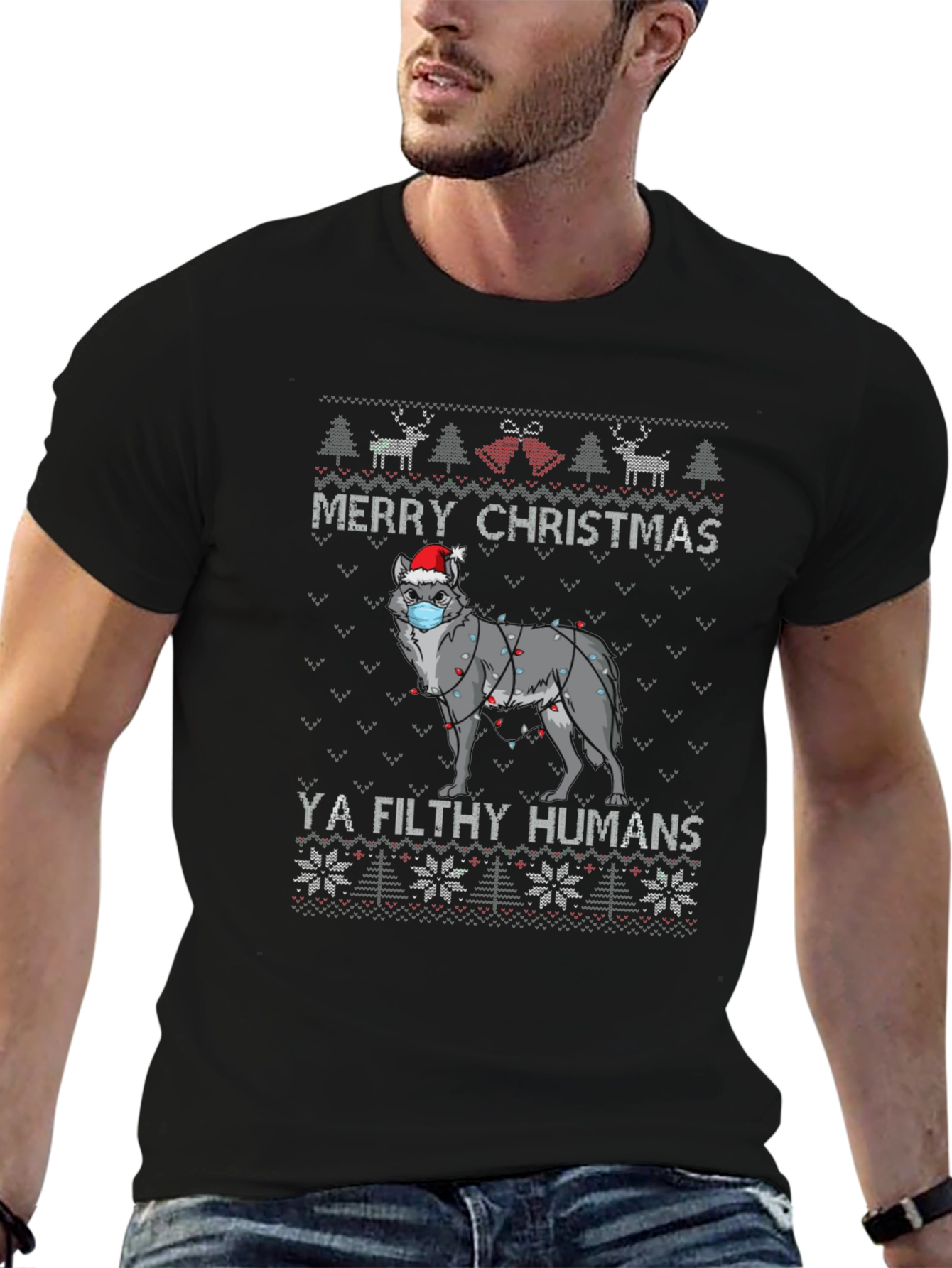Merry Christmas Ya Filthy Humans Wolf Ugly Sweater T-Shirt