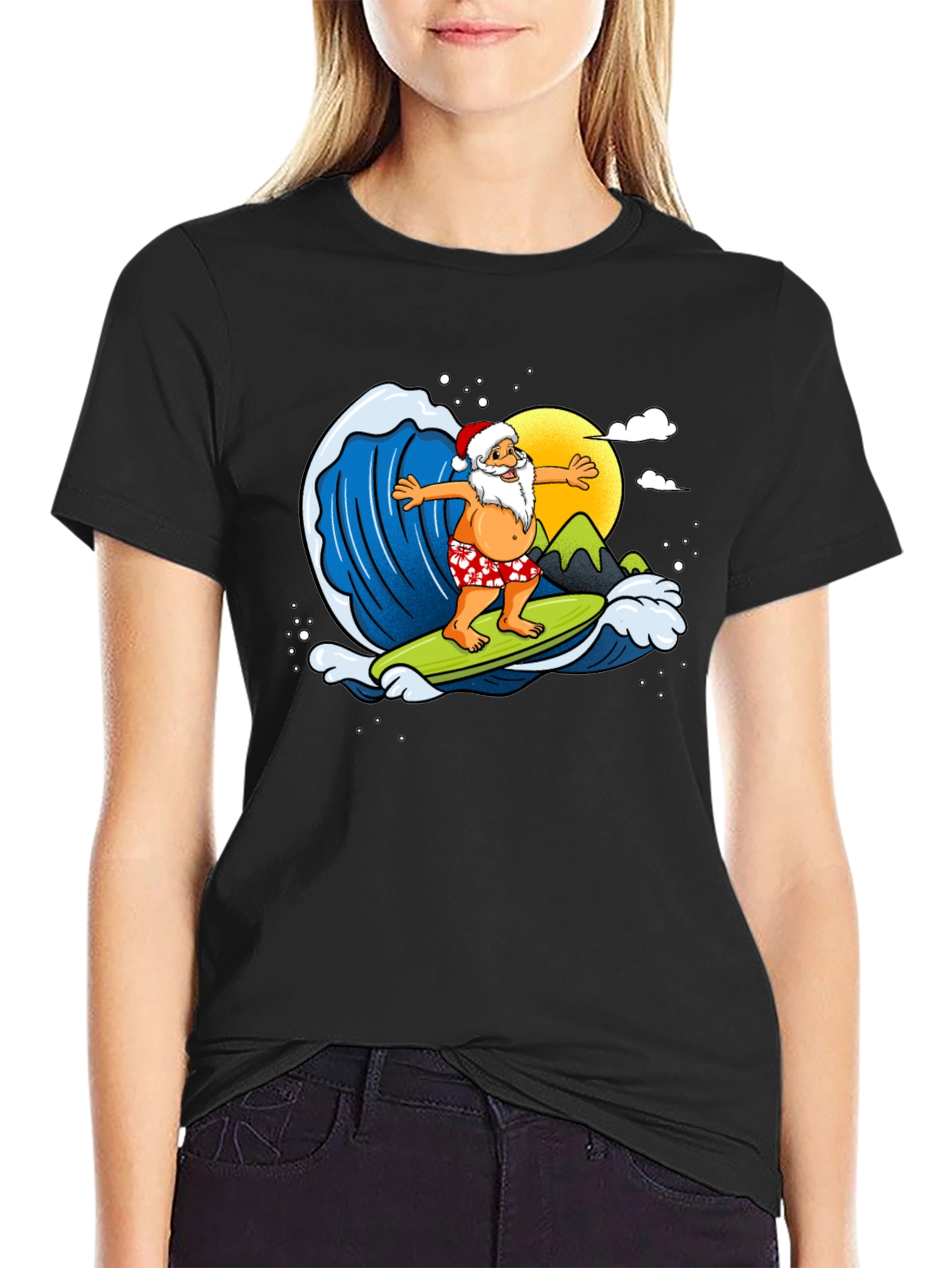 Surfing Santa Graphic T-Shirt - Holiday Fun!
