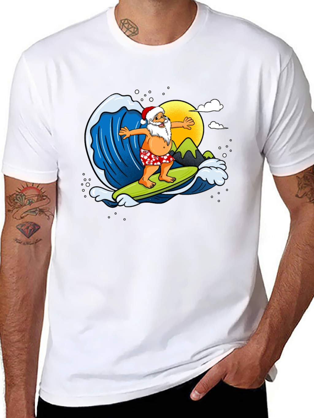 Surfing Santa Graphic T-Shirt - Holiday Fun!