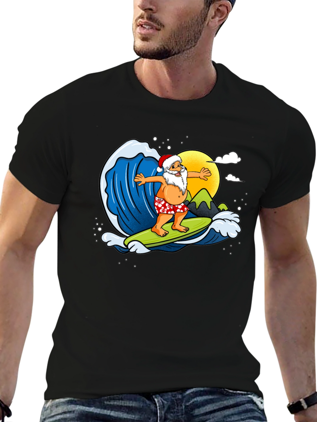 Surfing Santa Graphic T-Shirt - Holiday Fun!