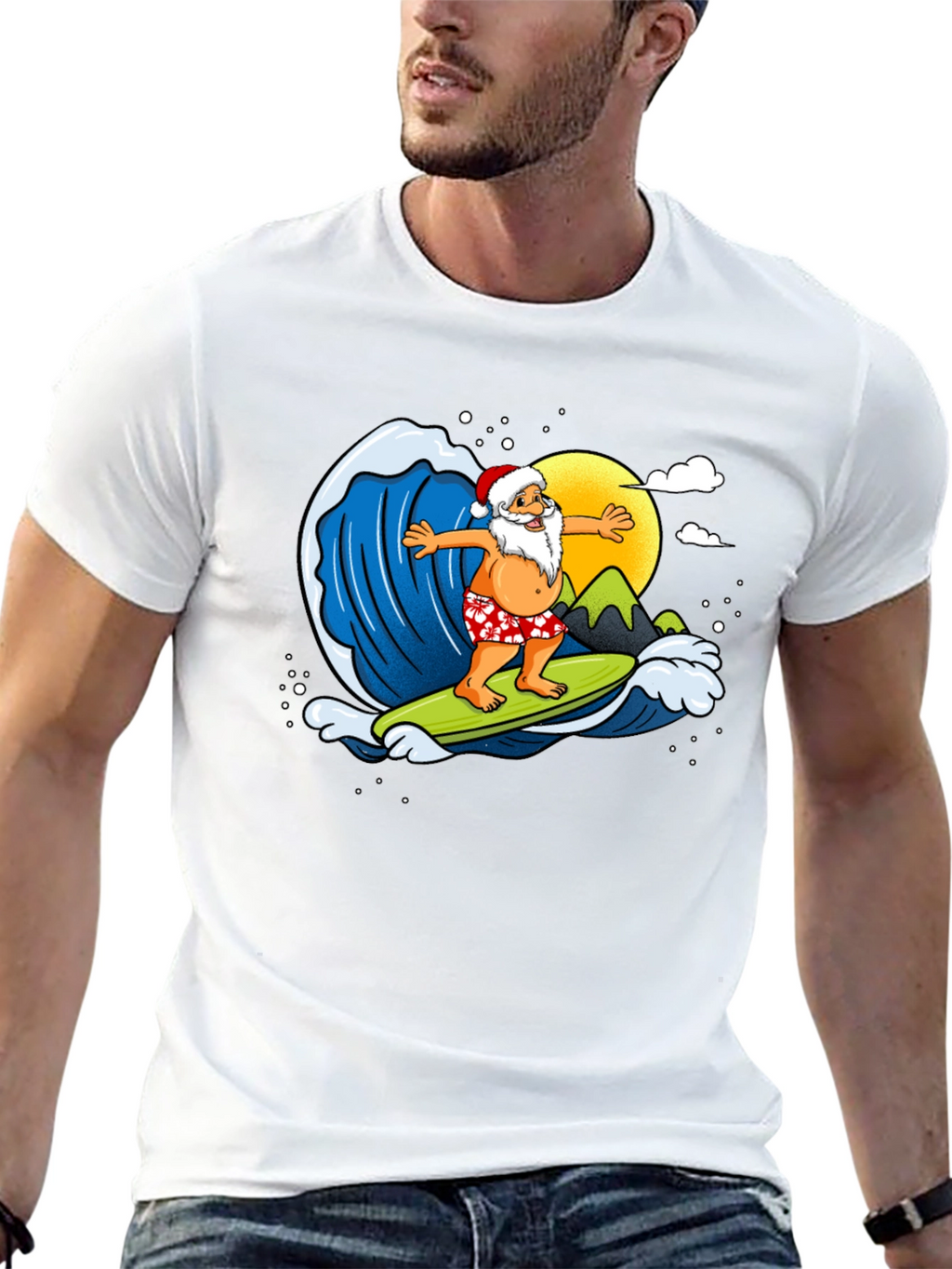 Surfing Santa Graphic T-Shirt - Holiday Fun!
