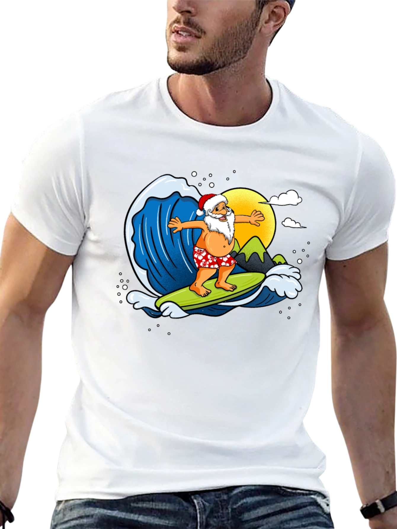 Surfing Santa Graphic T-Shirt - Holiday Fun!