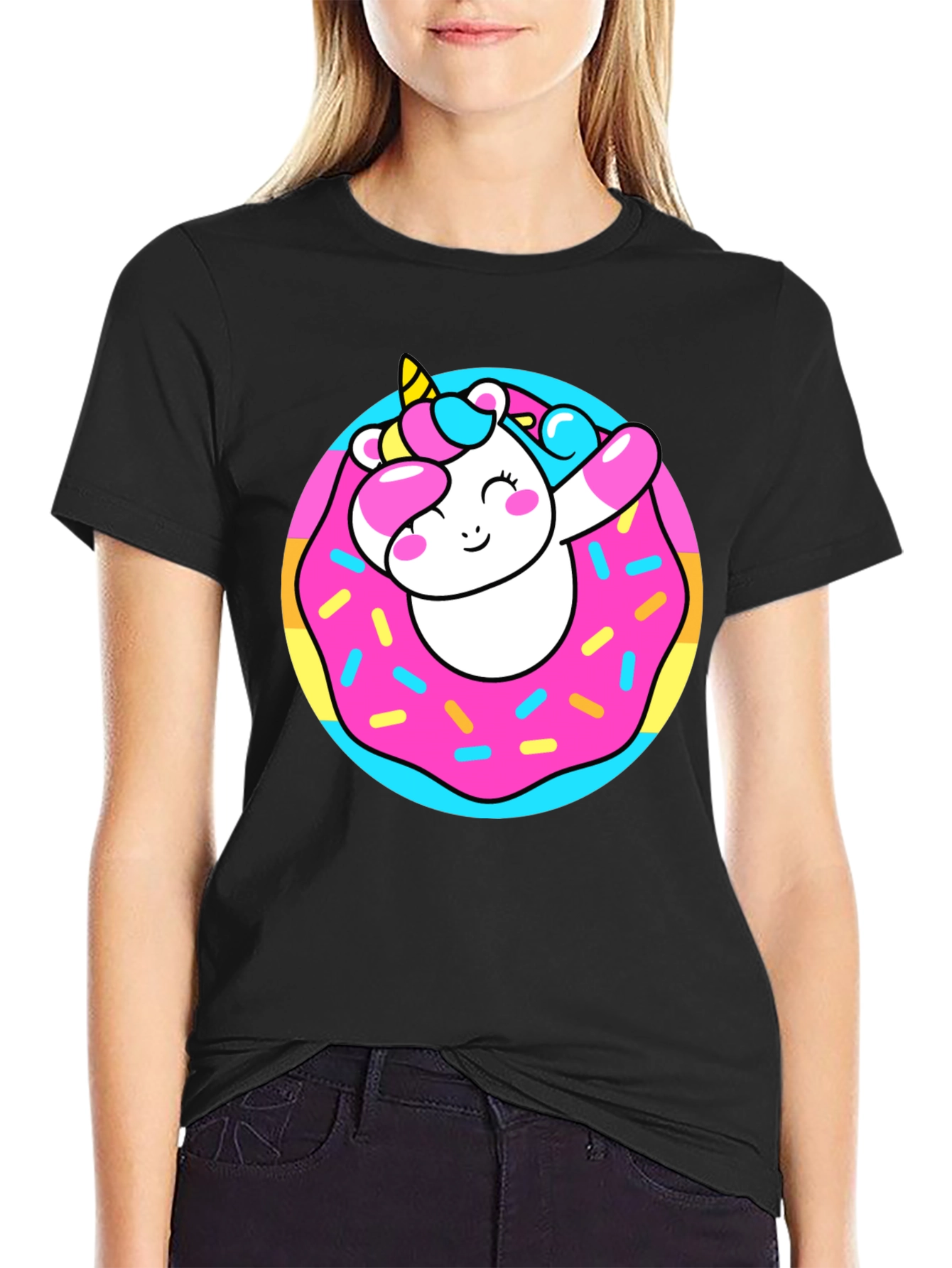 Unicorn Donut Graphic T-Shirt - Black Cotton Tee